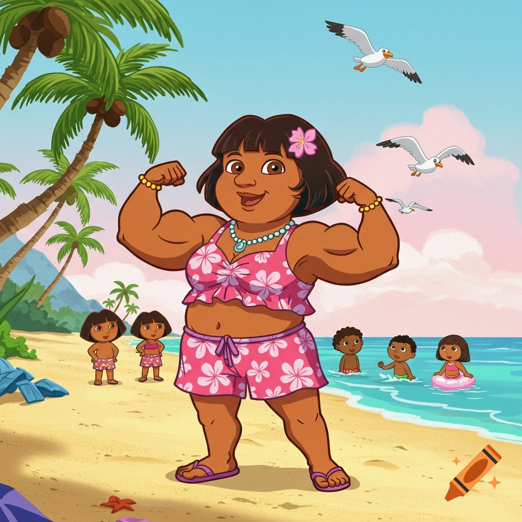 A muscular cartoon woman, Dora's aunt, flexes her biceps on a sunny beach with palm trees and children playing nearby.