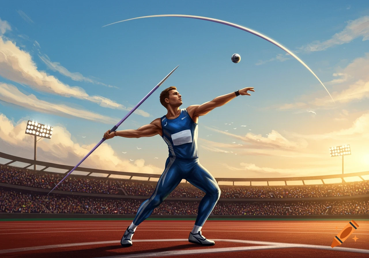 A male javelin thrower in a blue and white uniform is shown in mid-throw, releasing the javelin in a stadium setting with a large crowd and bright sunset.