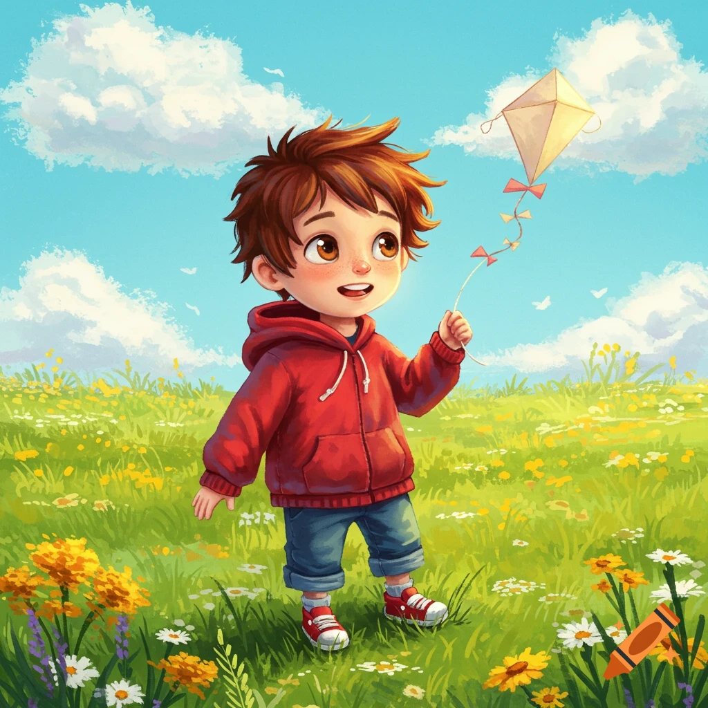 A happy cartoon boy in a red hoodie and jeans flying a kite in a vibrant green field under a blue sky.