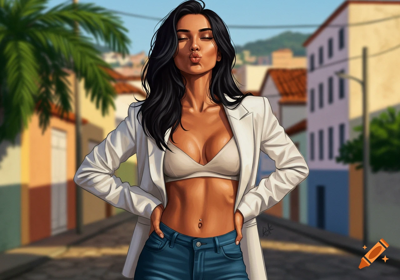 An illustration of a Brazilian woman with dark hair, a white jacket, bra, and blue jeans, standing outdoors and making a kiss face.