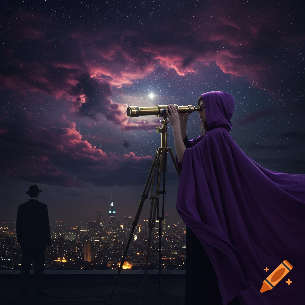 A woman in a purple cloak looks through a golden telescope from a rooftop at a city skyline under a starry night sky. A man stands nearby.