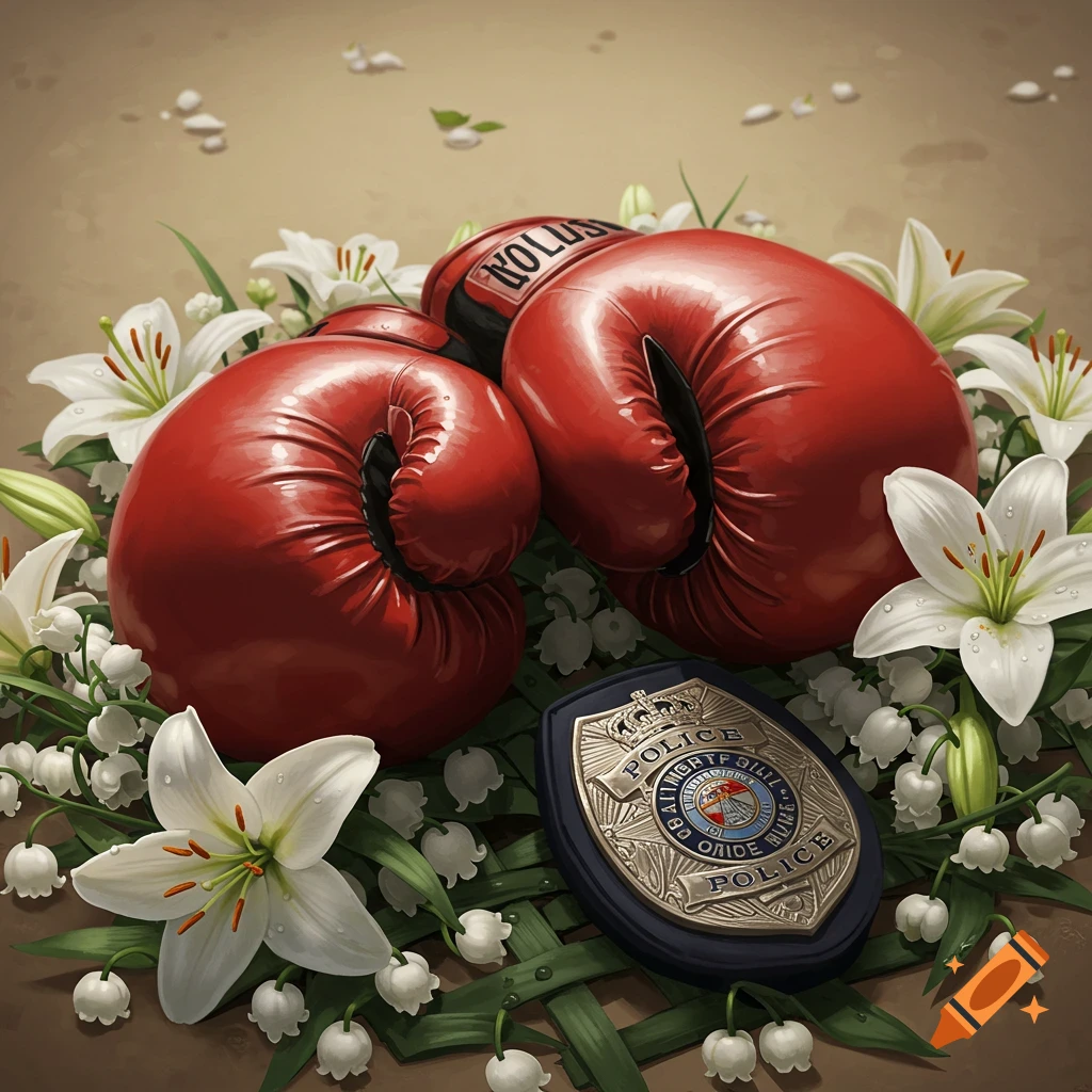 Red boxing gloves and a police badge lie among white lily flowers and green leaves in a photorealistic style.
