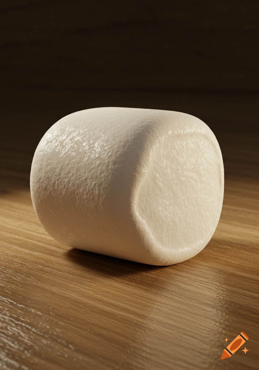 A hyperrealistic marshmallow on a wooden table.
