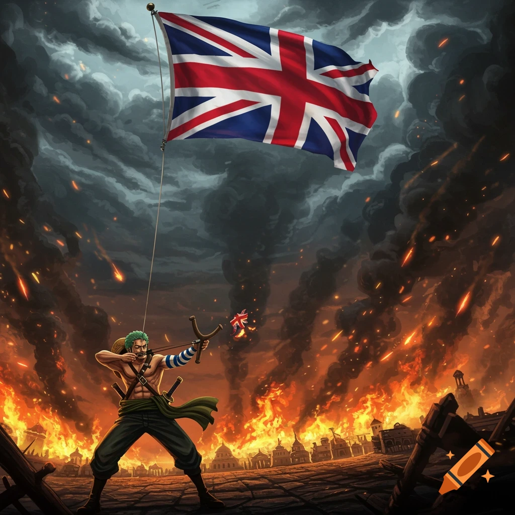 Anime character Usopp aims a slingshot at a small British flag amidst a burning city, beneath a large UK flag and stormy sky.