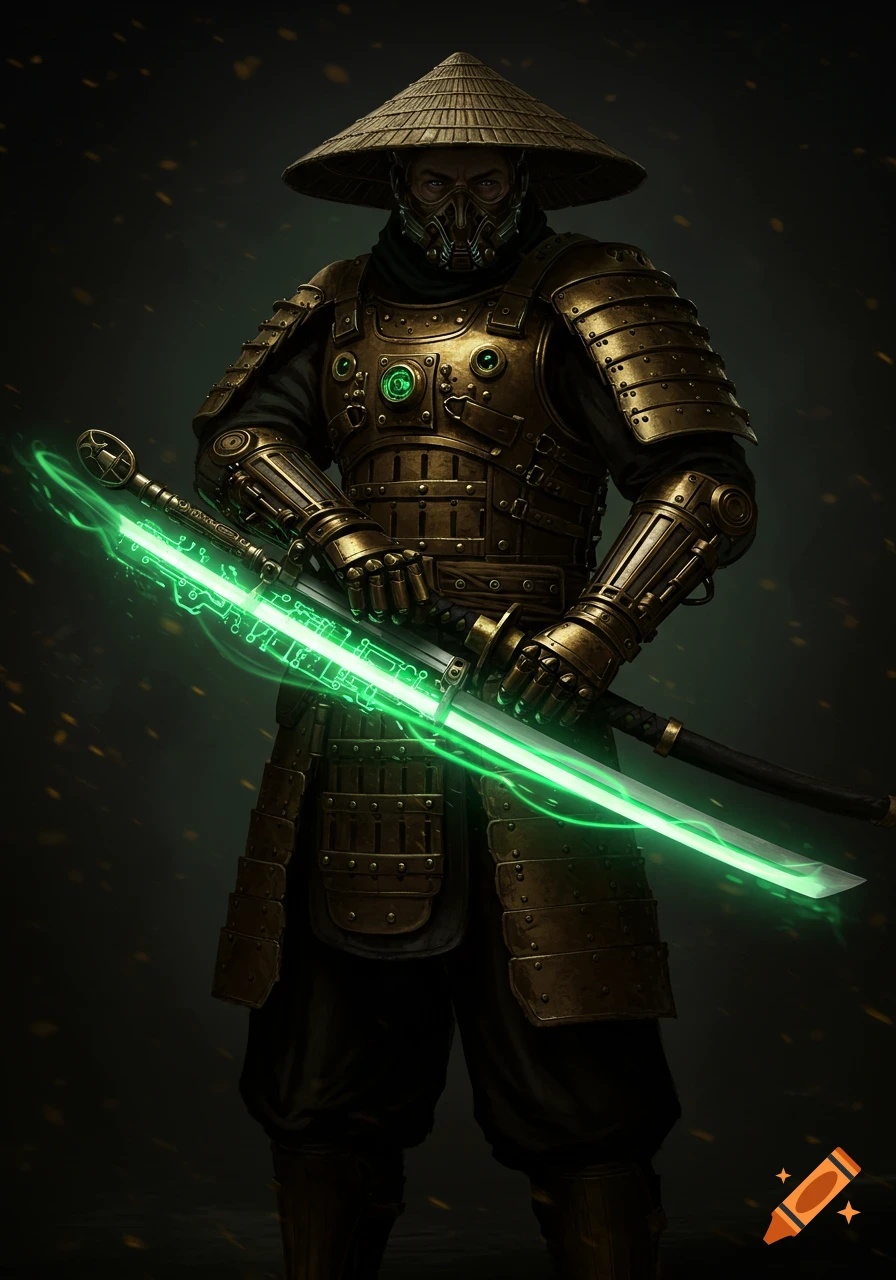 A male figure in steampunk samurai armor and a straw hat holds a glowing green digital circuitry sword in a dark setting.