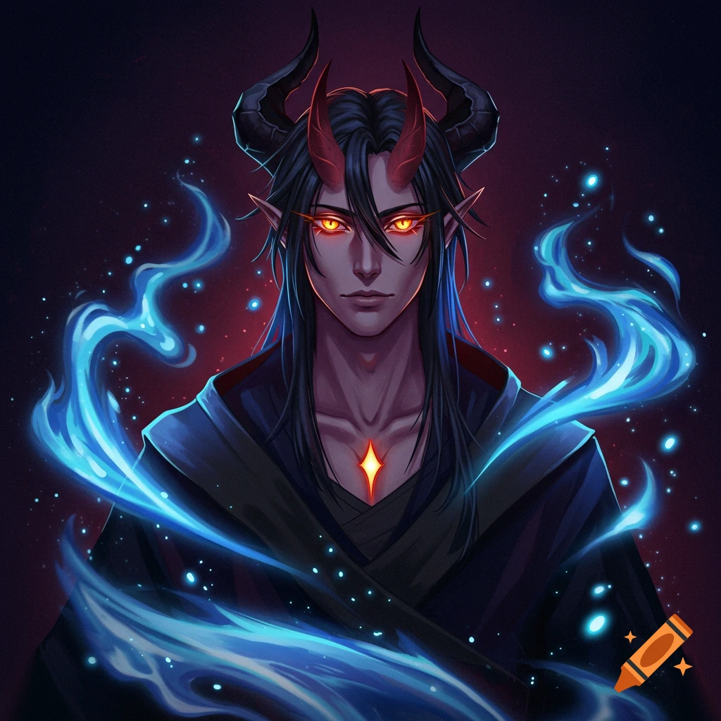 A dark-haired anime demon with red horns and glowing orange eyes, surrounded by blue spiritual energy.