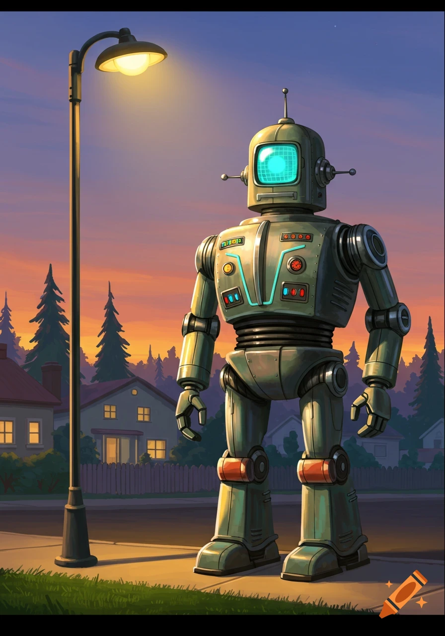 A 1950s-style robot stands under a street light on a suburban street at sunset, in an illustrative style.