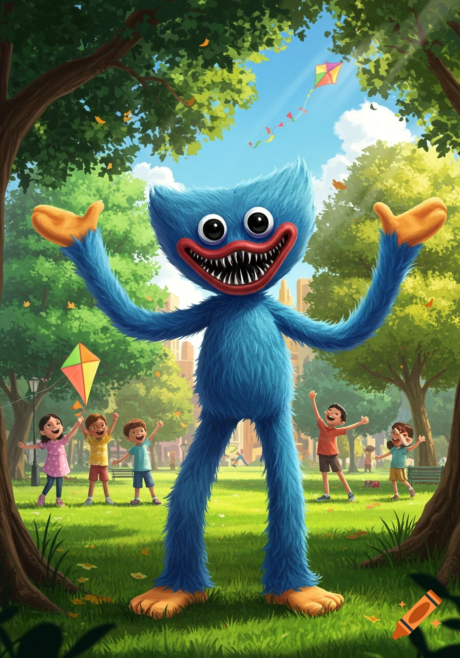 A friendly-looking blue furry monster, Huggy Wuggy, stands in a sunny park while children play and kites fly.