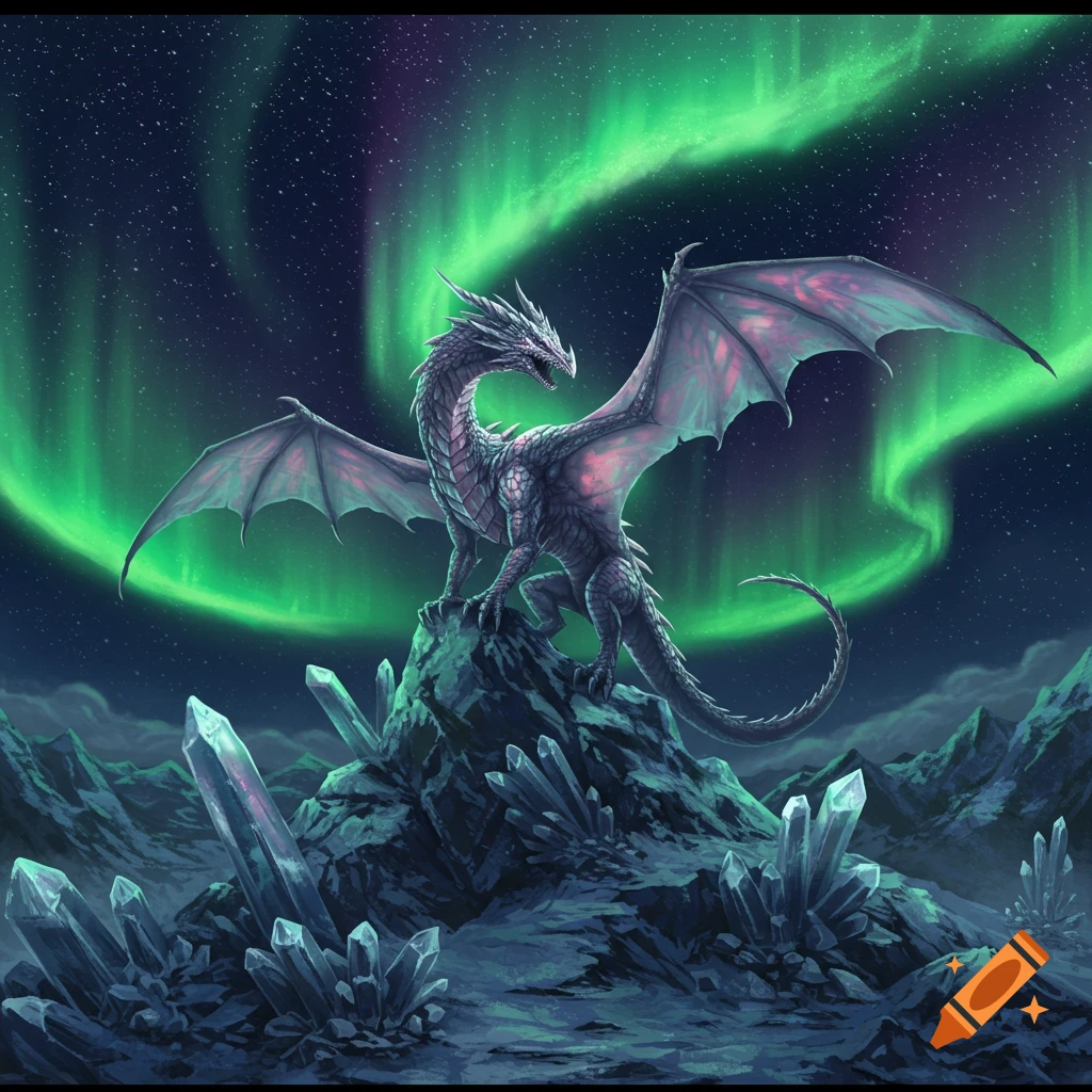 A majestic dragon perched on a crystal mountain under a vibrant aurora borealis sky, digital painting.