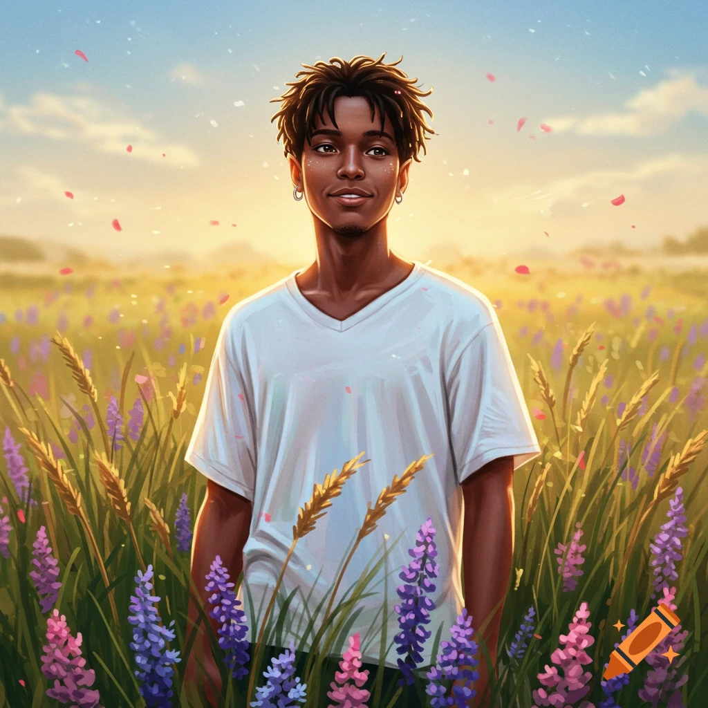 A stylized portrait of a young man with curly hair in a white t-shirt standing in a field of tall grass and purple flowers at sunset.