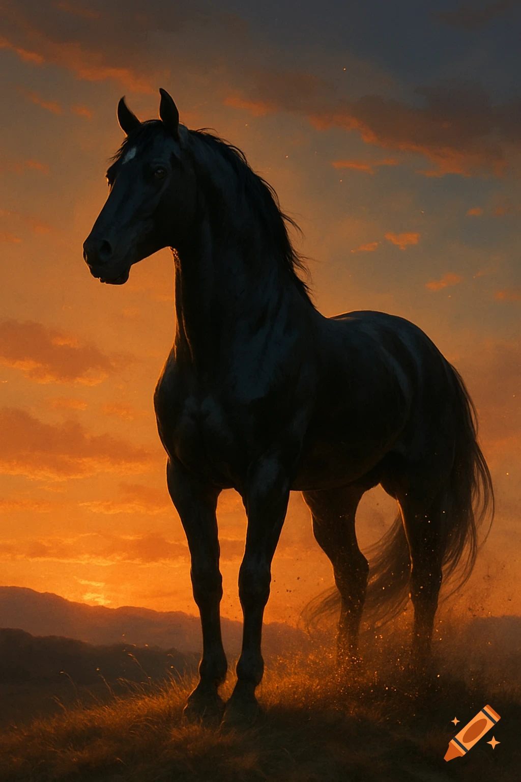A silhouette of a black horse standing in a field at sunset, with an orange and yellow sky.
