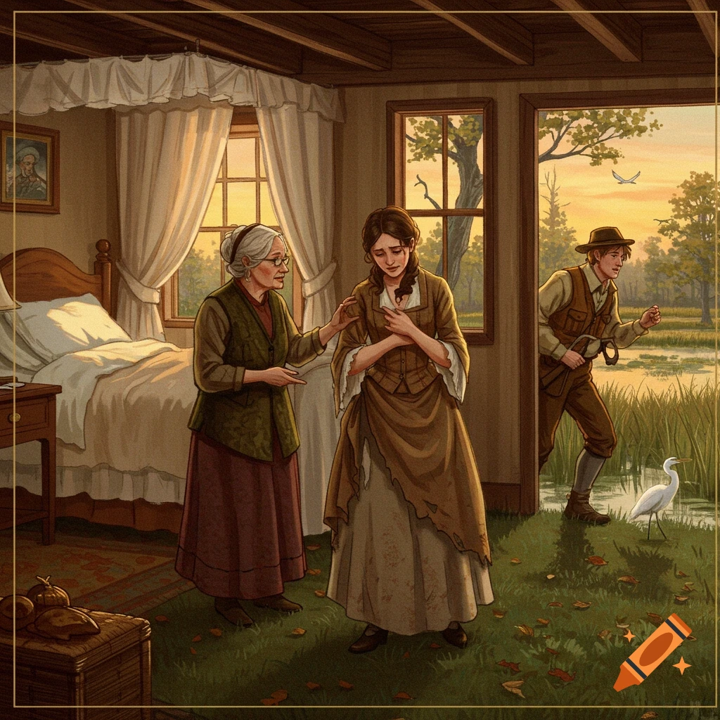 An old woman comforts a weeping young woman indoors as a man exits to a marsh with a white egret at sunset, in an illustrative style.