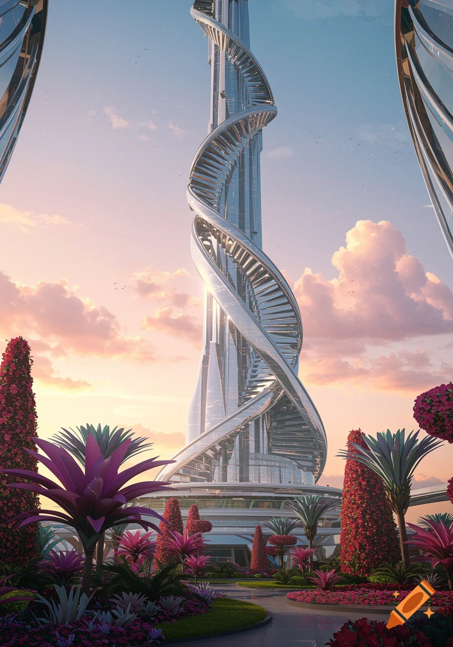 A towering futuristic helical skyscraper surrounded by vibrant purple and red gardens under a pink and blue sky.