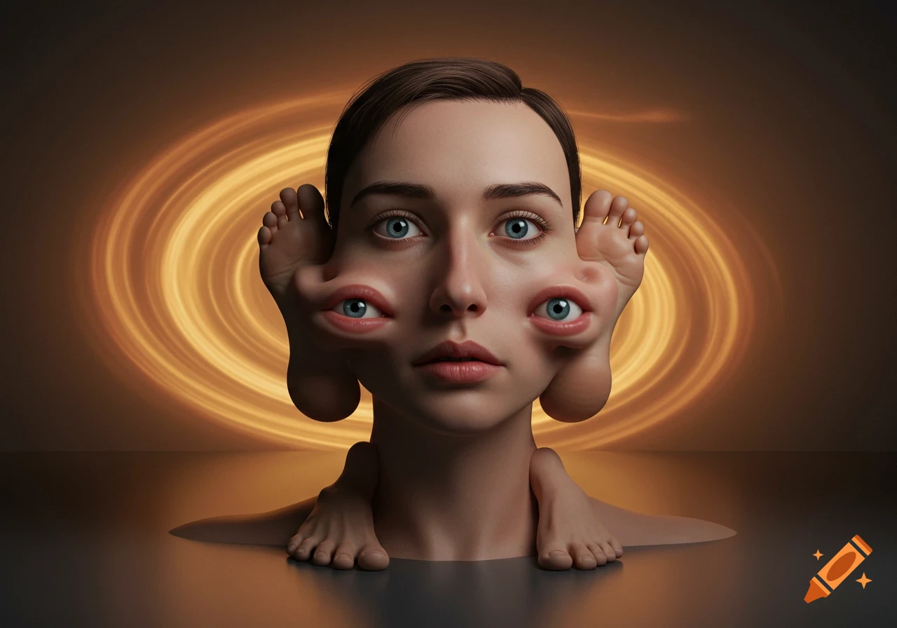 Surreal portrait of a woman with feet on the sides of her head that have eyes, and feet on her shoulders, against a swirling orange background.
