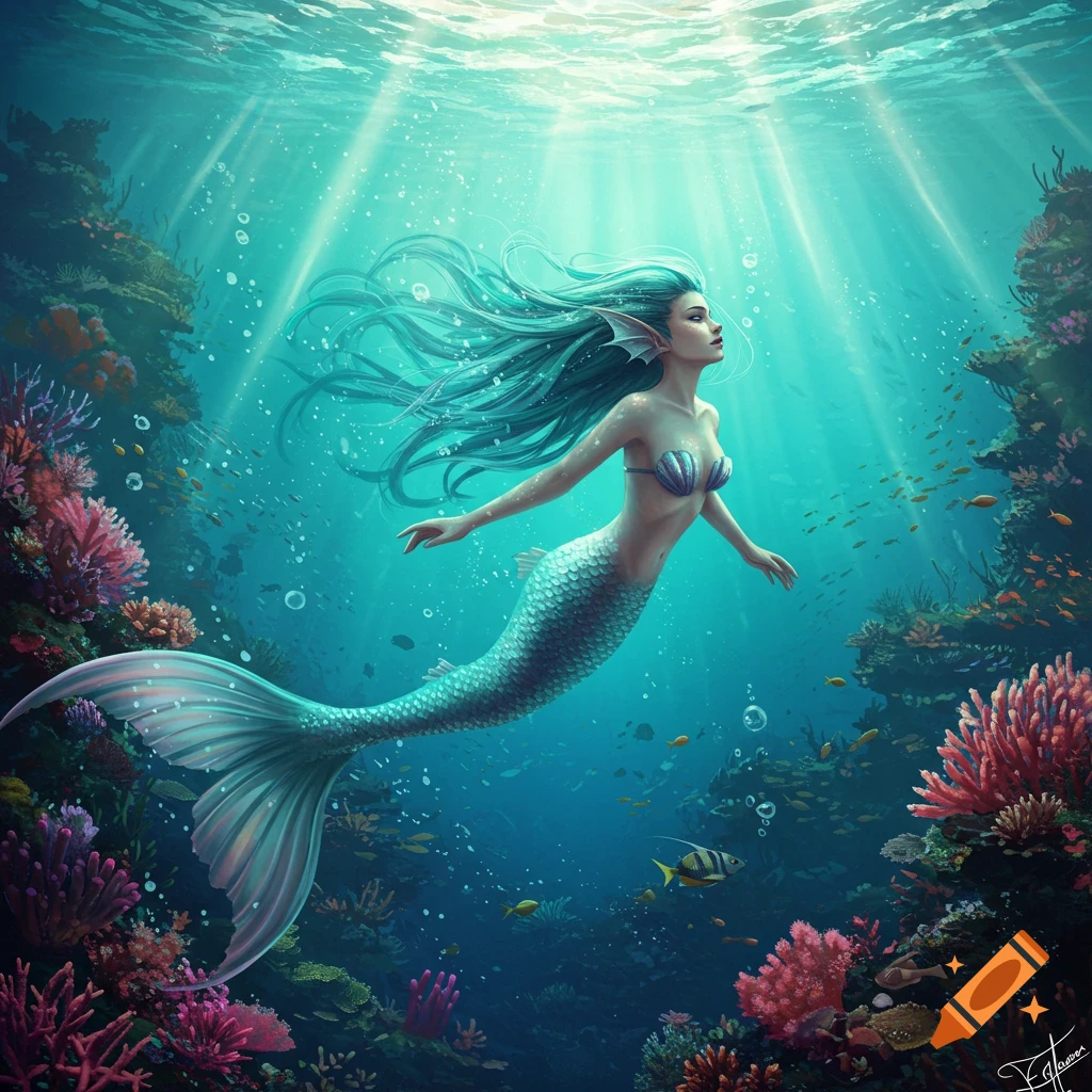 A mermaid with long teal hair and a shimmering tail swims gracefully upwards in a vibrant underwater coral reef, with rays of sunlight piercing the surface.
