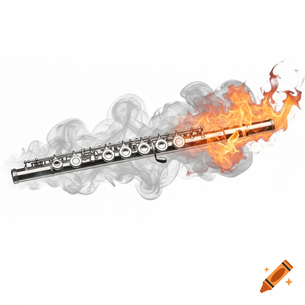 A silver flute with smoke and flames emanating from it, against a white background.