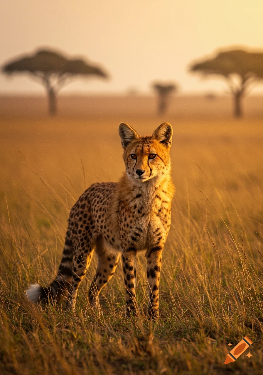 A cheetah stands in tall golden grass at sunrise with blurred trees in the background.