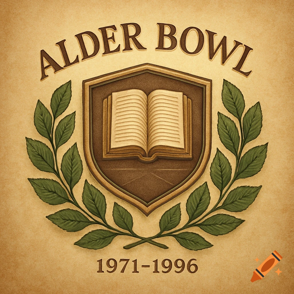 Vintage-style emblem with 'ALDER BOWL' above a shield containing an open book, framed by a leafy wreath, with '1971-1996' below.