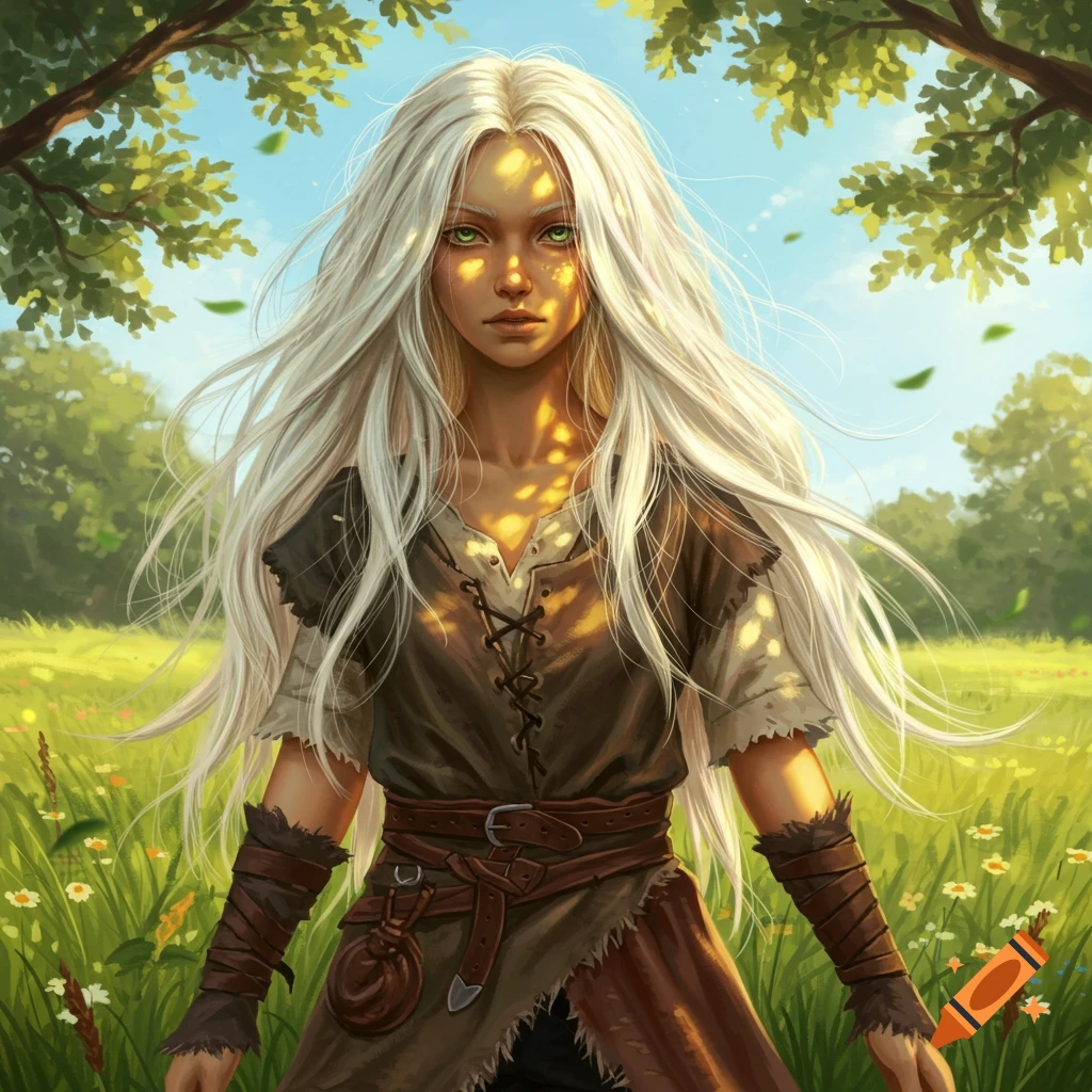 An illustration of a young woman with long white hair and green eyes, wearing tattered medieval clothes, standing in a sunlit meadow.