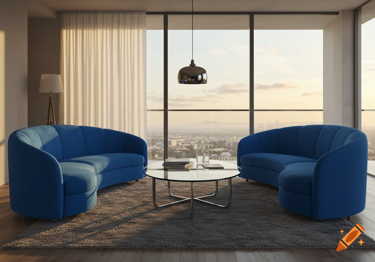 Two blue half-circle couches face each other across a glass table in a modern living room with a city view at sunset.