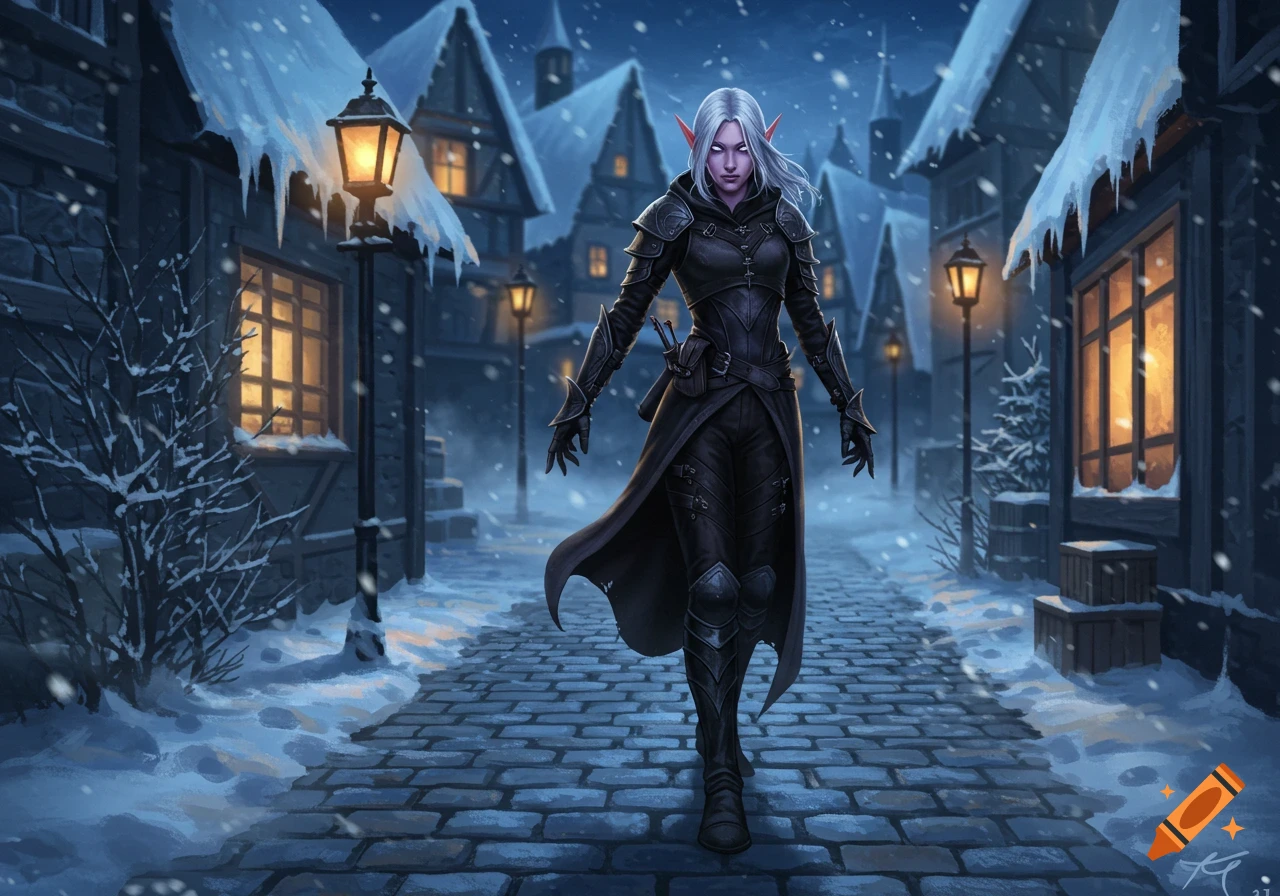 A female elf rogue with pale purple eyes stands on a snowy cobblestone street in a winter village at night.