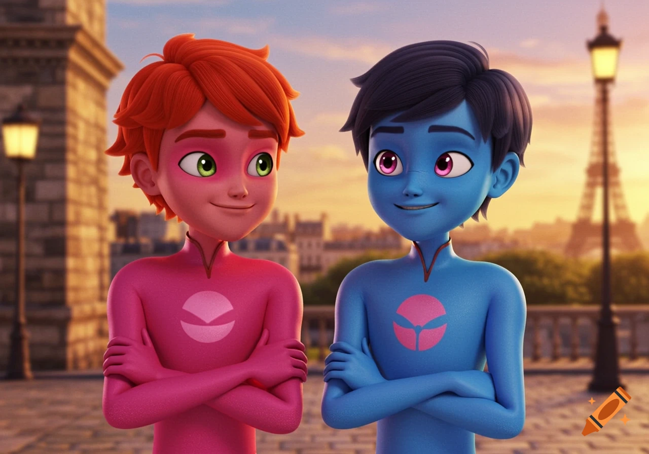 Two smiling animated boys, one in a pink suit and one in a blue suit, stand with crossed arms against a sunset sky with the Eiffel Tower.