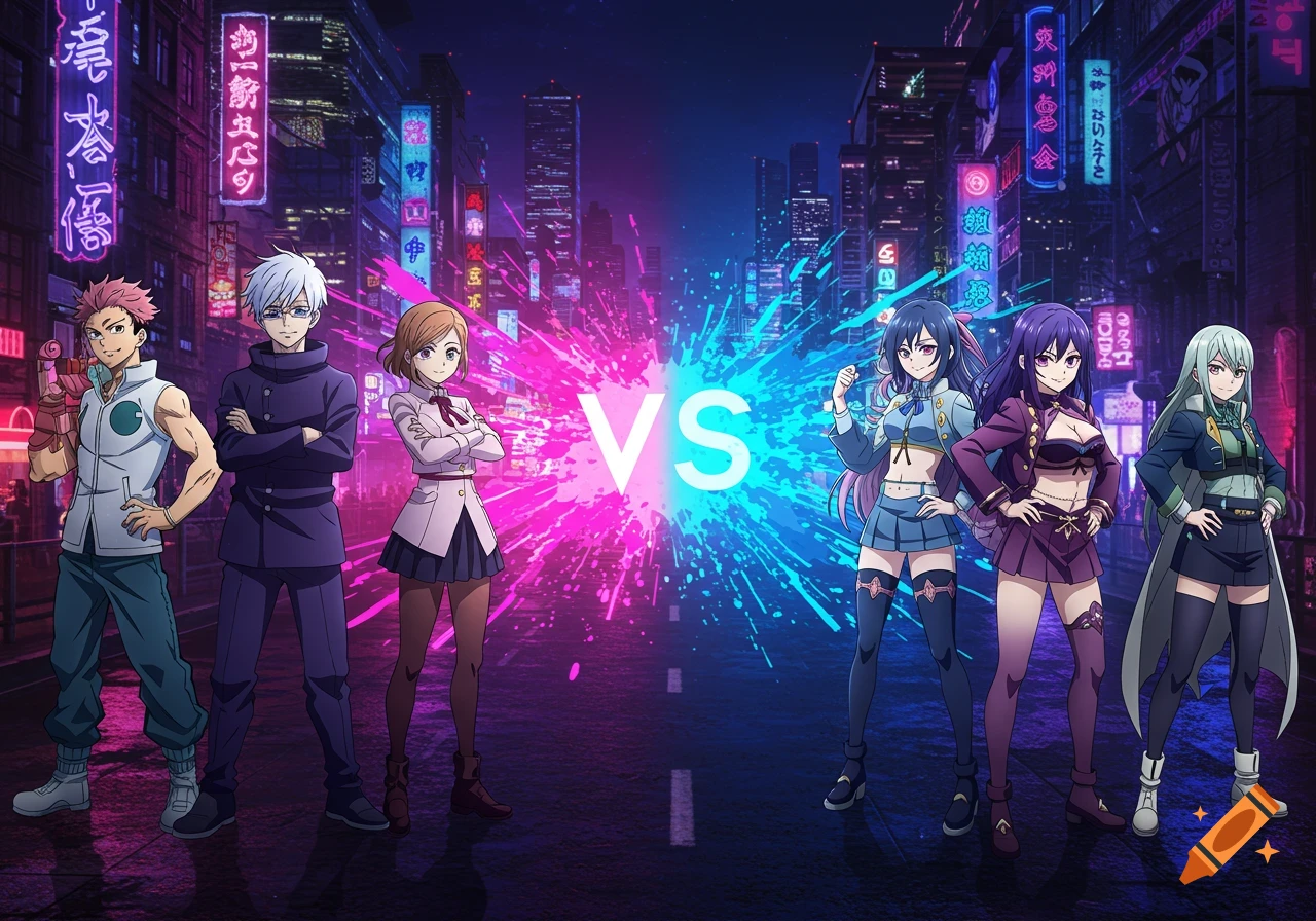 Anime characters, Yuji Itadori, Satoru Gojo, and Nobara Kugisaki, face off against three K-Pop demon hunter characters, Rumi, Mira, and Zoey, under neon signs in a futuristic city at night, with a large pink and blue neon splash featuring "VS" in the middle.