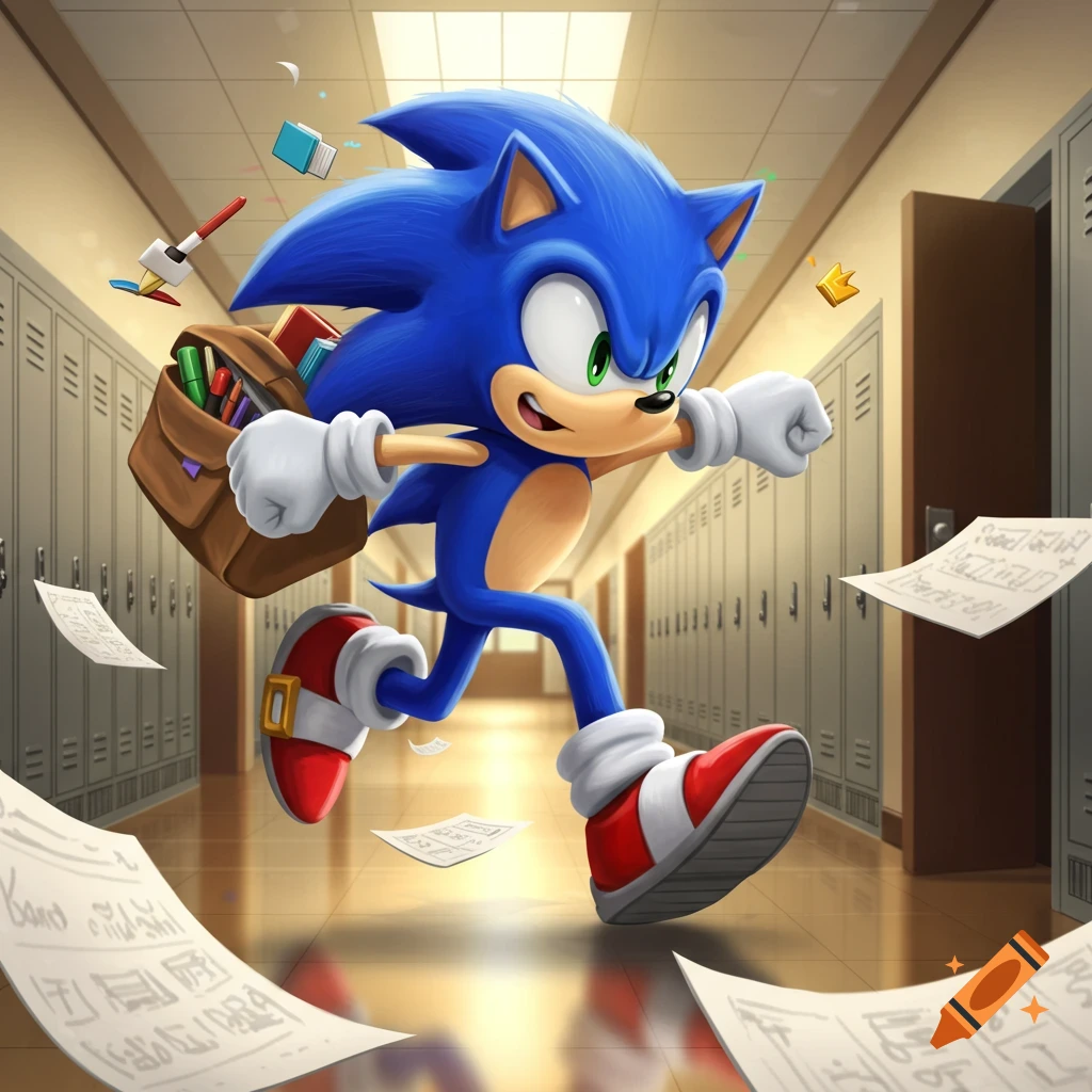Sonic the Hedgehog runs through a school hallway, school supplies and papers scattering from his bookbag.