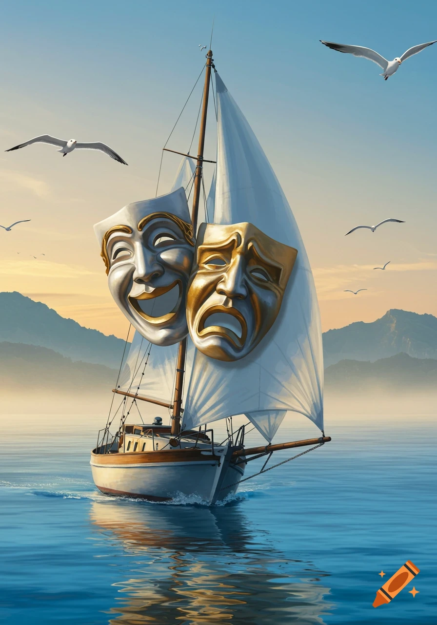 A sailboat with large comedy and tragedy masks on its sail glides on calm water at sunrise with mountains and seagulls.