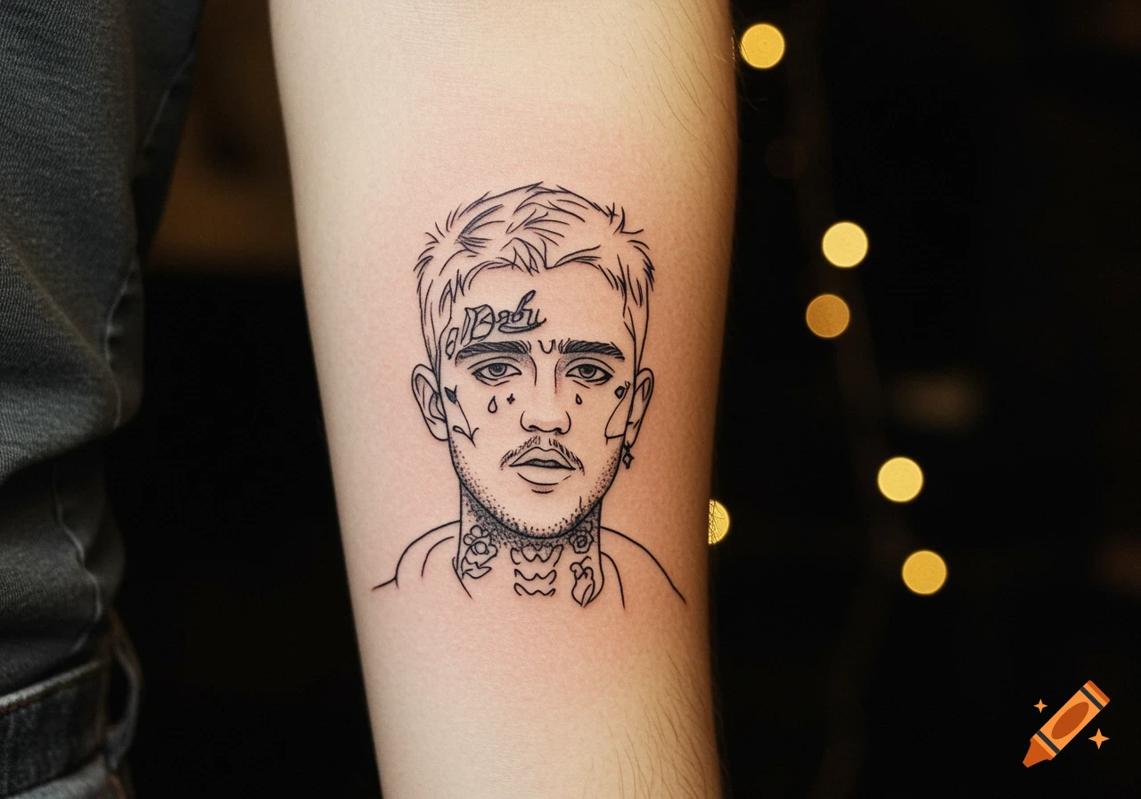 A black line-art tattoo of rapper Lil Peep's face on an arm, featuring his  distinct facial tattoos, against a blurry background. on Craiyon, image size:1280x896