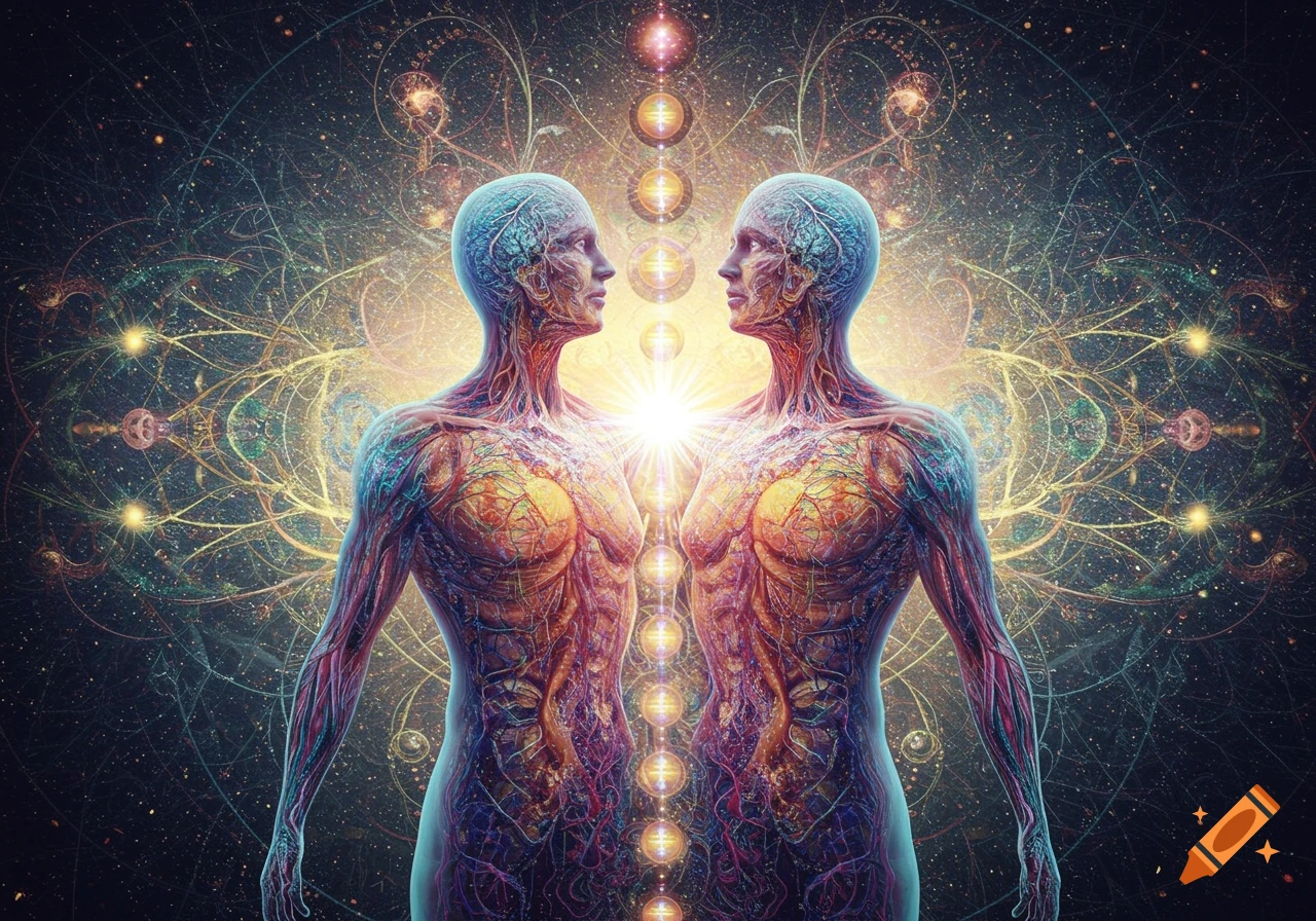 Two luminous, translucent figures with visible internal structures face each other amid swirling cosmic energy in an Alex Grey-inspired spiritual art style.