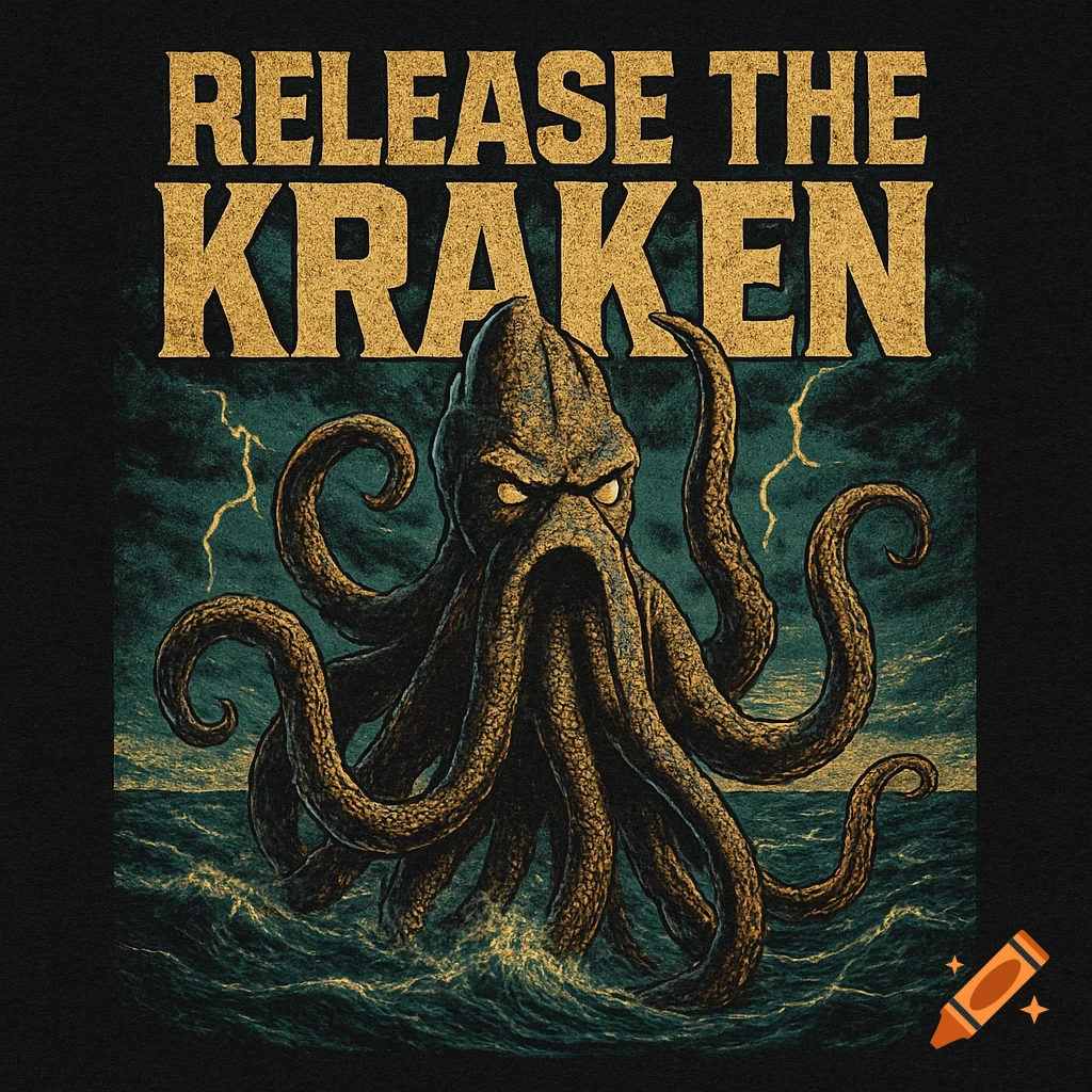 Vintage illustration of a menacing Kraken rising from stormy seas, with text 'RELEASE THE KRAKEN' above.