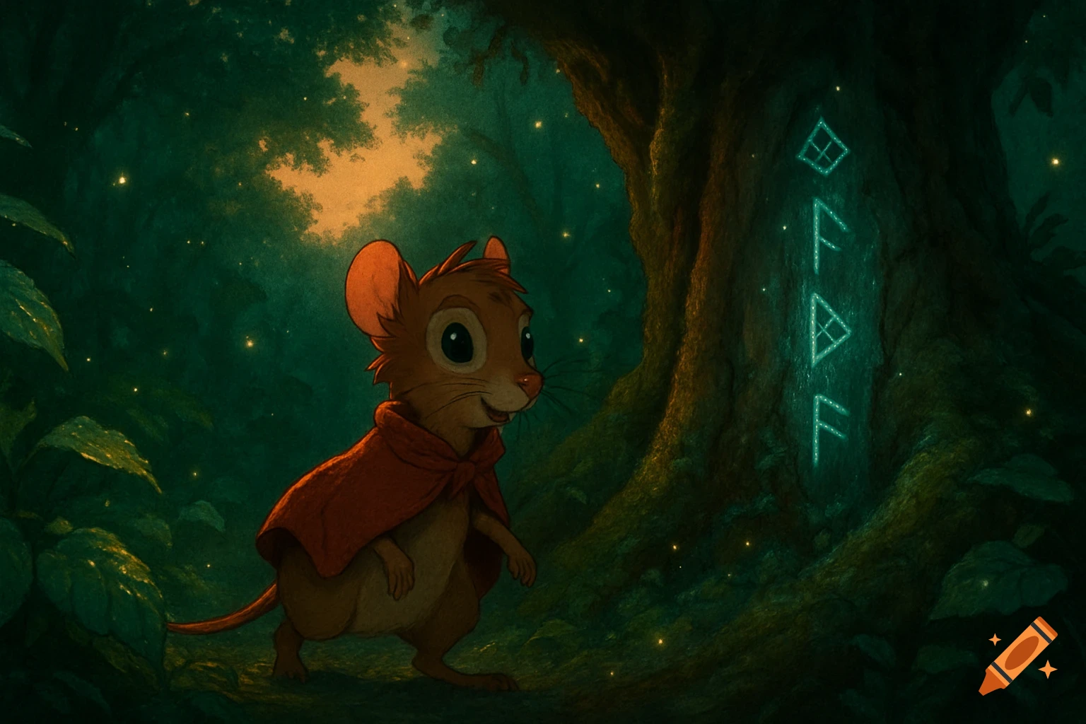 A brown cartoon mouse wearing a red cloak stands in a dark, magical forest next to a tree with glowing green symbols.