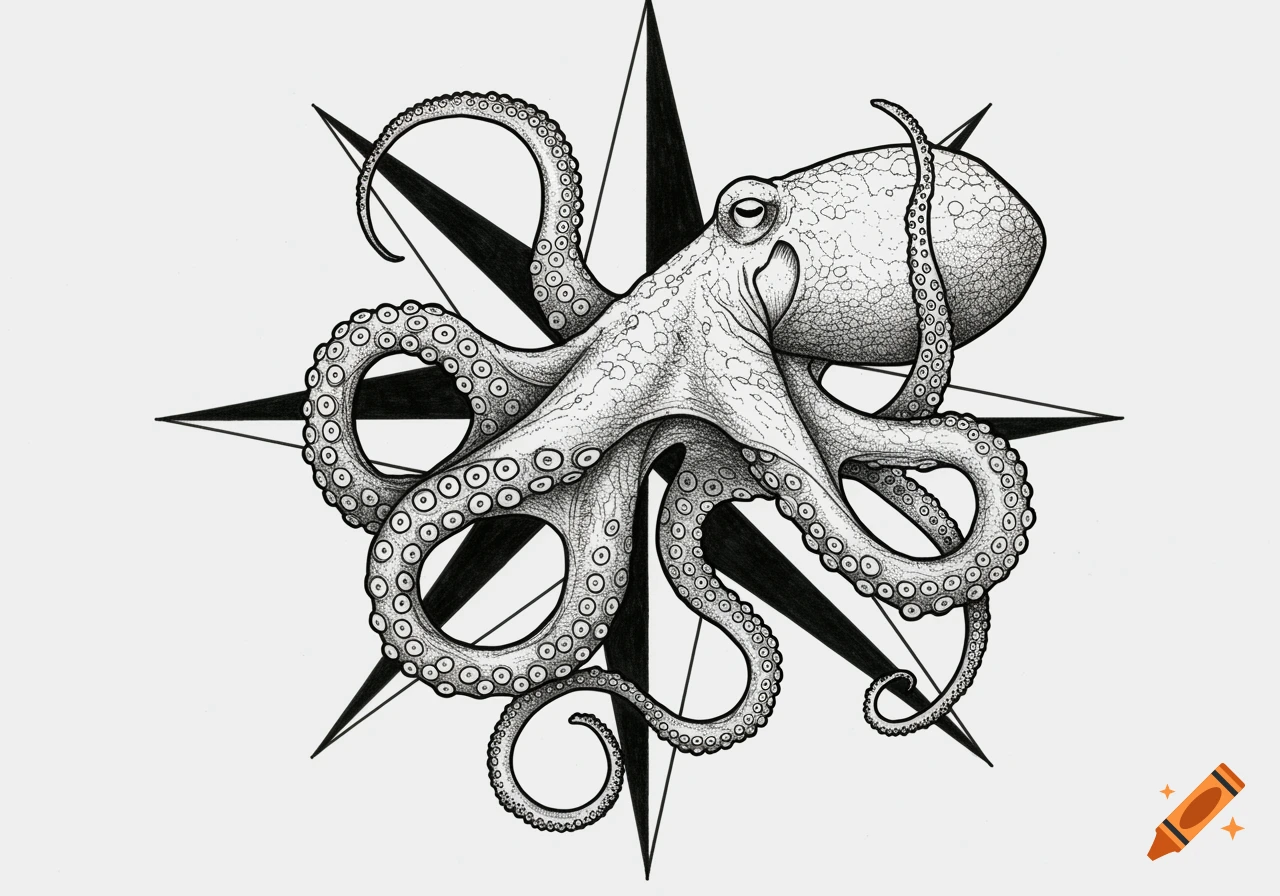 Black and white illustration of an octopus centered on a compass rose, designed as a tattoo.