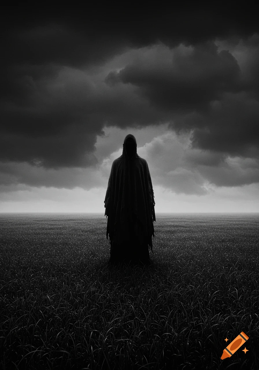A dark, hooded figure stands in a vast, black and white grassy field under a stormy sky.