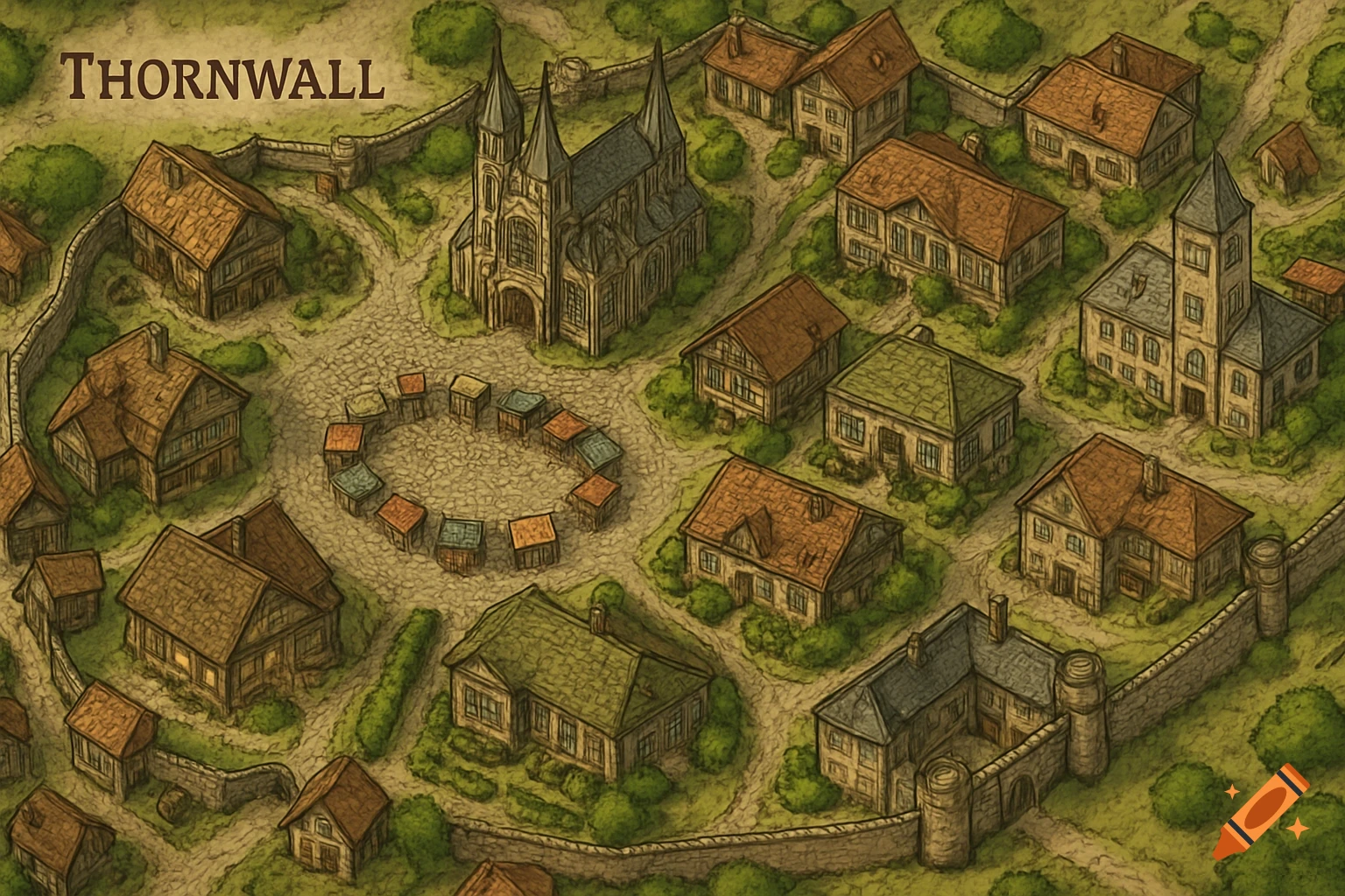Overhead view of a detailed medieval town map named Thornwall, featuring a large church, market square, and various buildings.