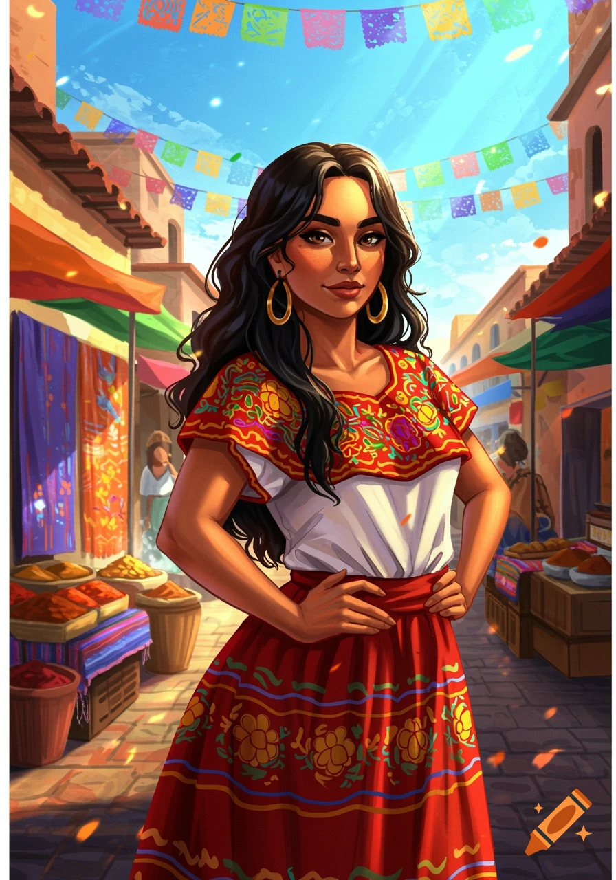 A Latina woman in traditional embroidered clothing stands in a vibrant, sunny outdoor market decorated with colorful banners.