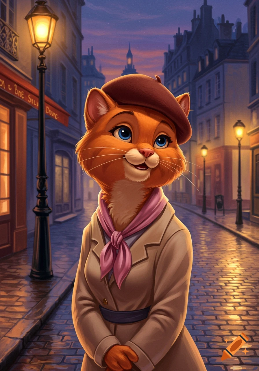 An anthropomorphic orange cat in a beret and pink scarf stands on a cobblestone street in a cartoon style.