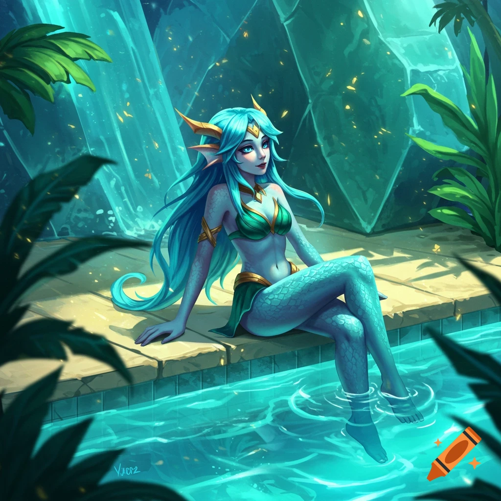 A vibrant, stylized fantasy illustration of a blue-haired mermaid-like character with scales and horns, sitting on a pool edge with feet in water, surrounded by glowing crystals and plants.