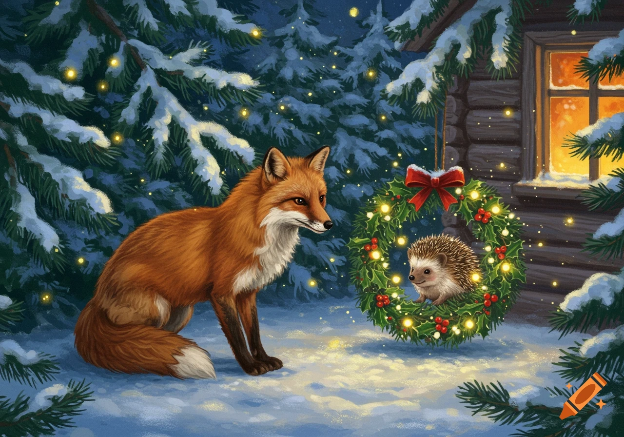 A fox and a hedgehog in a snowy forest at night, with a Christmas wreath hanging from a cabin next to a lit window.