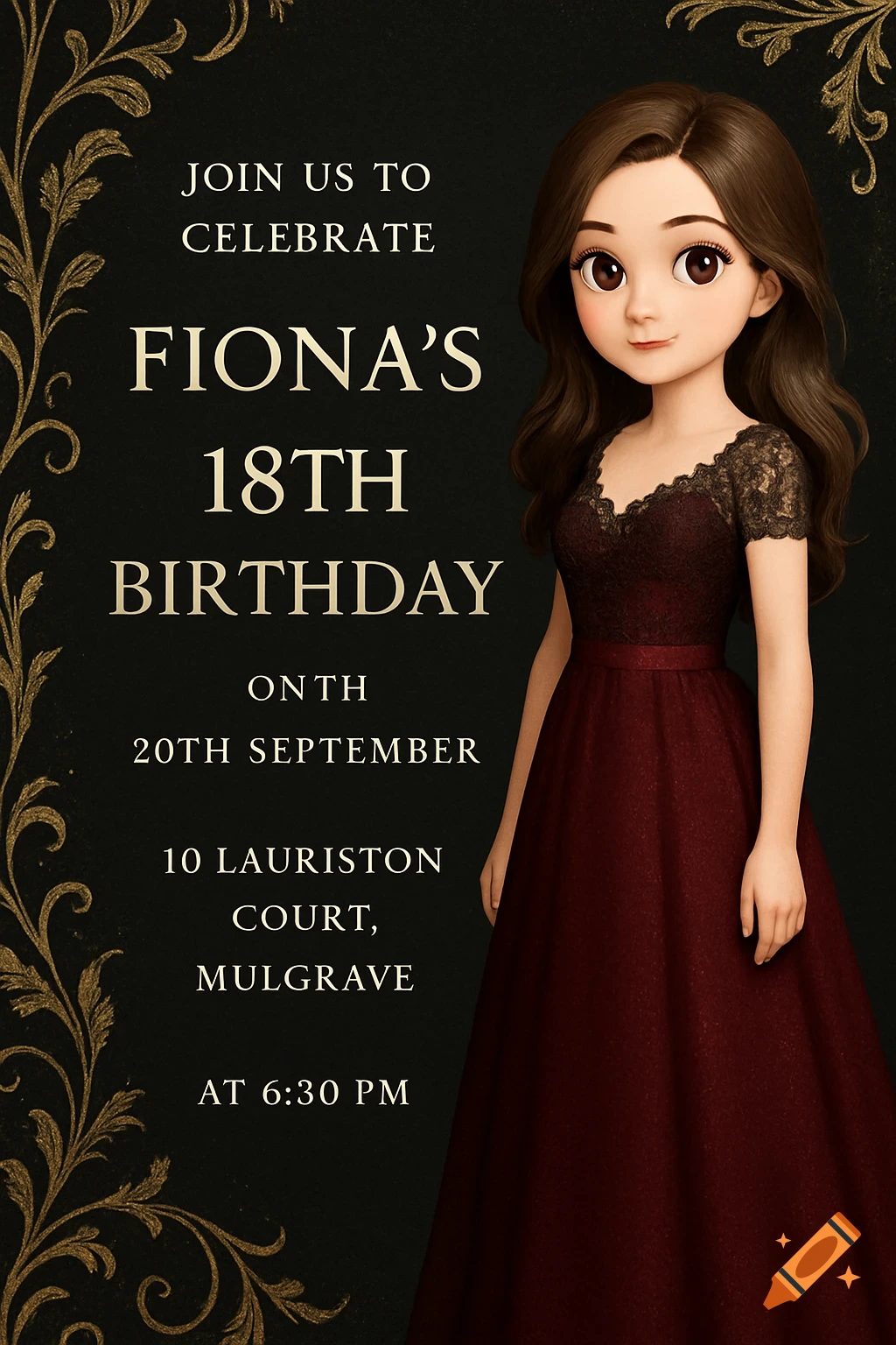 A stylish 18th birthday invitation with gold floral borders on a dark background, featuring a cartoon girl in a burgundy dress beside event details.