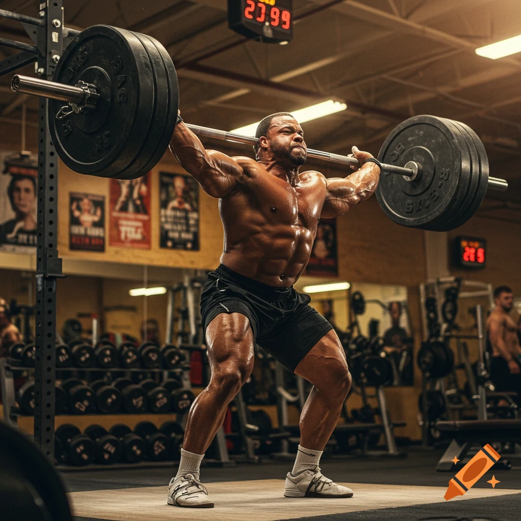A muscular man in black shorts and white shoes performs a weightlifting overhead press in a gym with weights and equipment in the background.