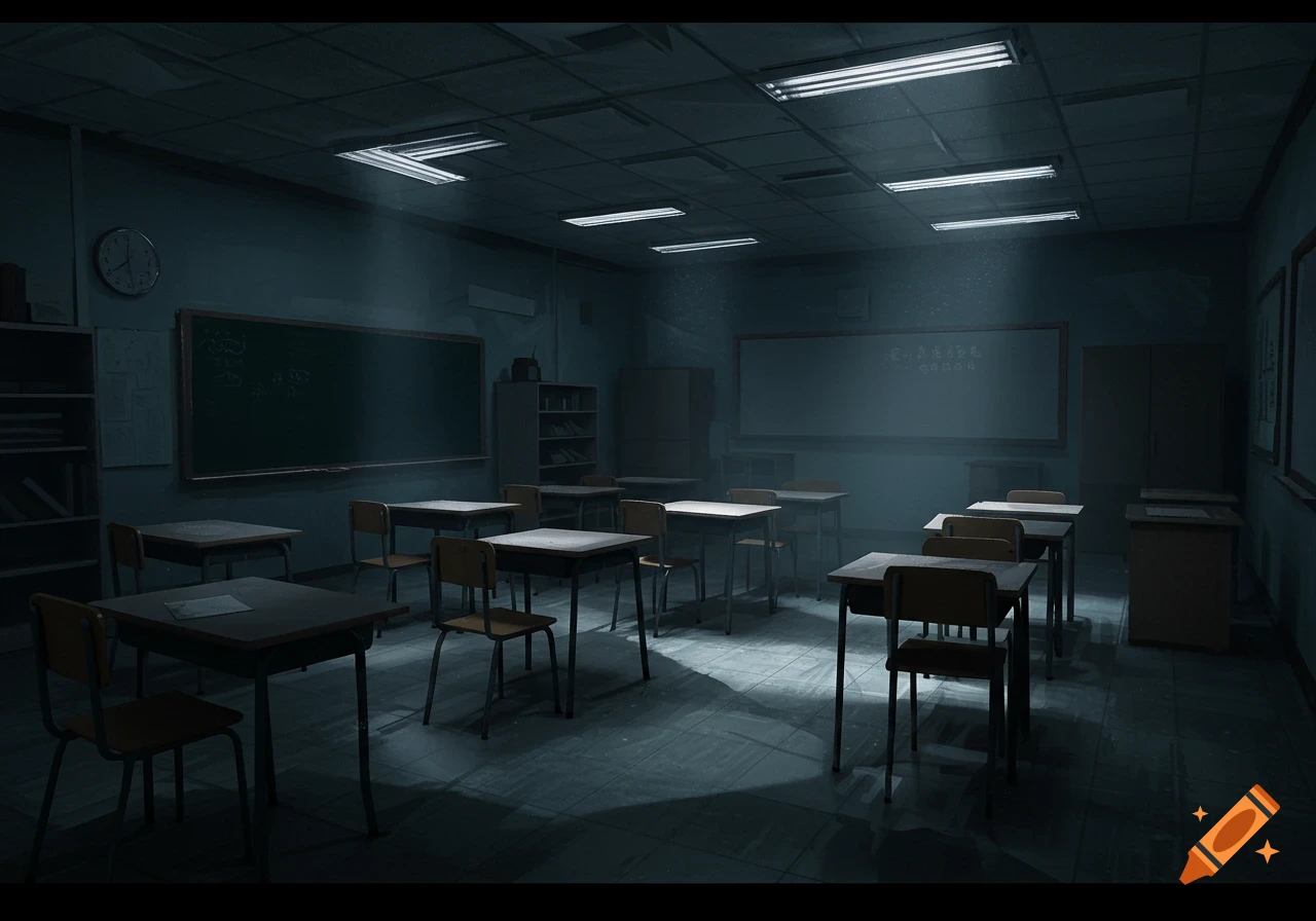 A dark, empty classroom at night with fluorescent lights illuminating rows of desks.