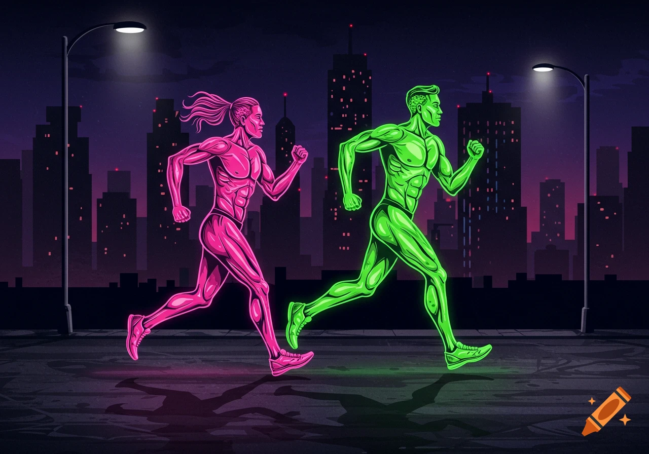 Two neon-glowing, muscular figures, one pink and one green, run through a dark city street at night under streetlights. Stylized illustration.