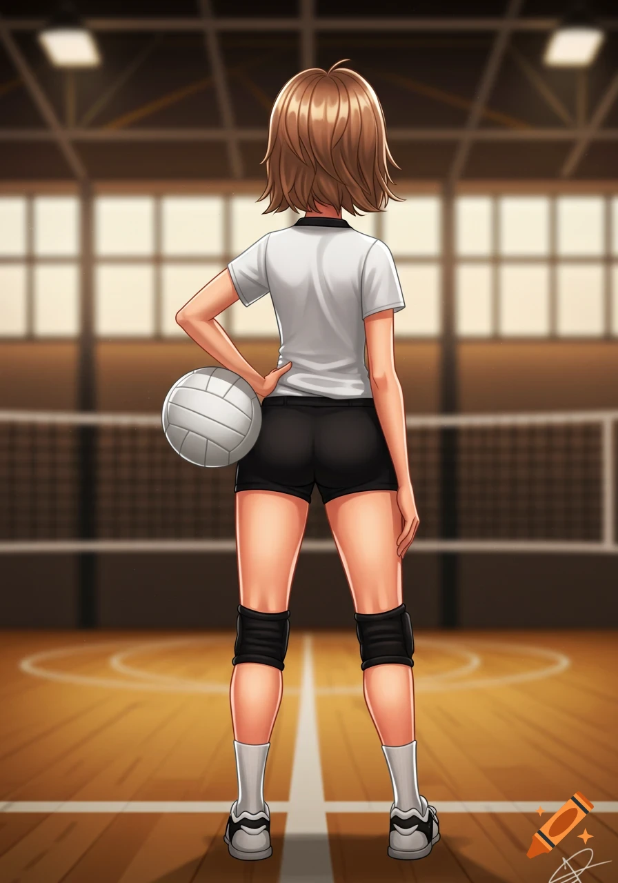 Back view of a female volleyball player with short brown hair, wearing a white shirt and black shorts, holding a volleyball in a gym.