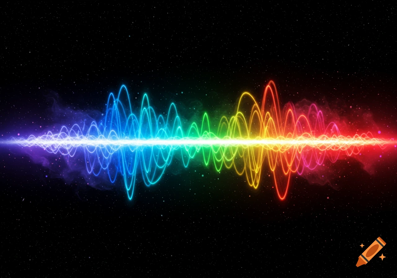 A vibrant, glowing rainbow soundwave against a dark, starry background.