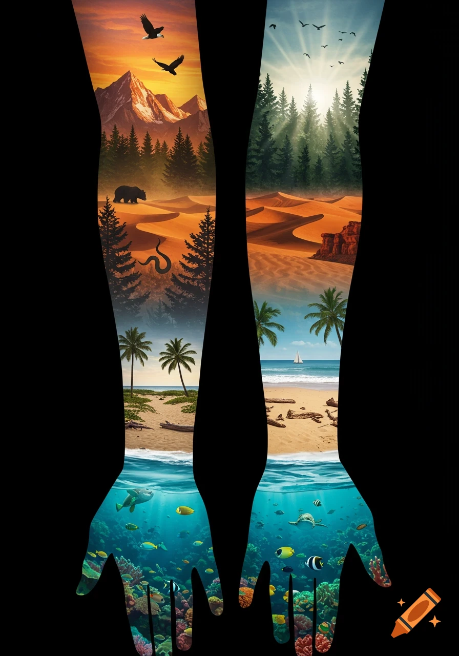 Two arm silhouettes filled with diverse nature scenes: mountains, forests, deserts, beaches, and underwater coral reefs with animals.