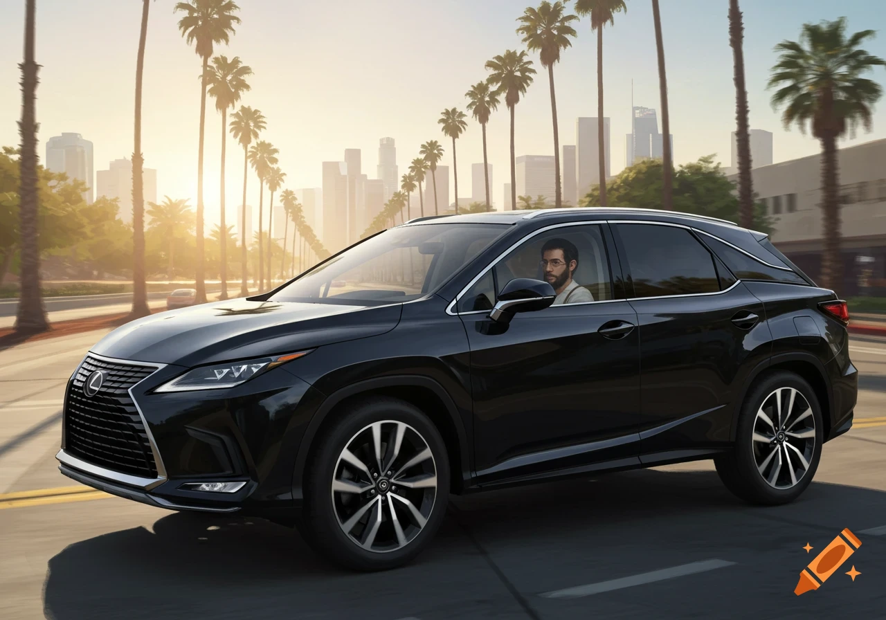 A black Lexus SUV is driven on a sunny city street lined with tall palm trees, with a city skyline in the background.