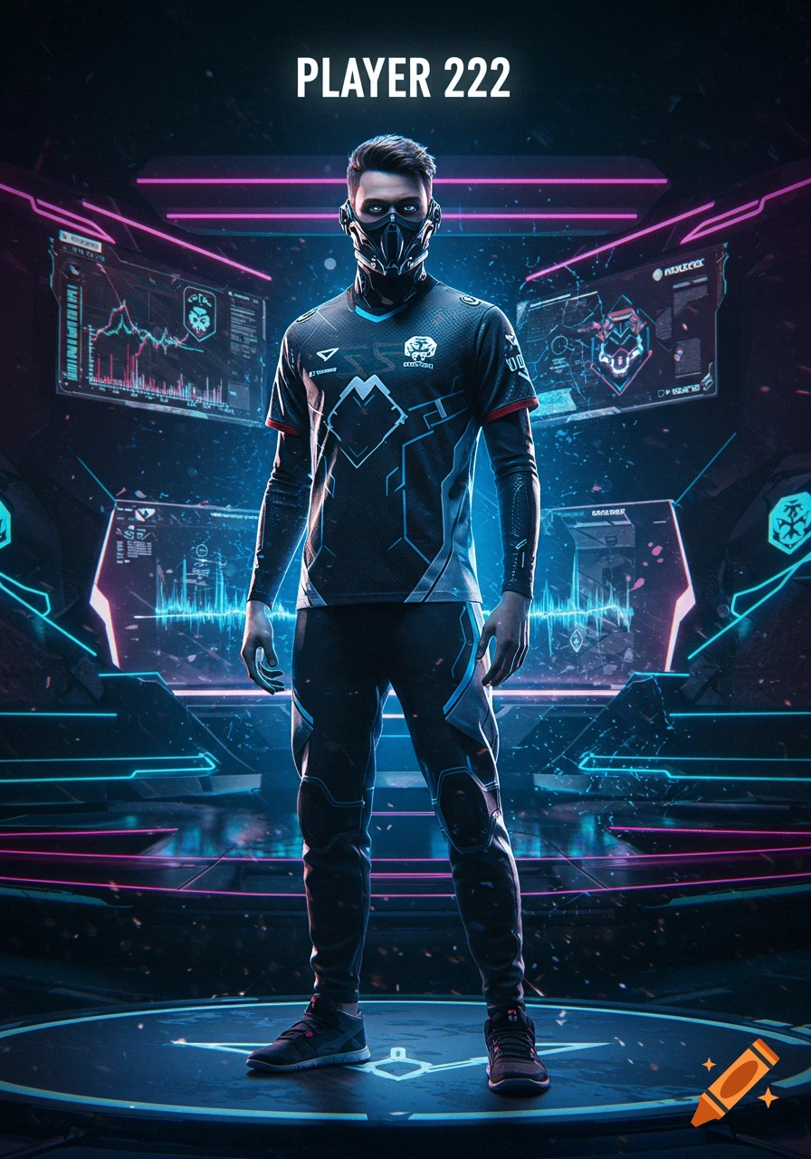 A masked esports player stands in a futuristic, neon-lit gaming arena with glowing screens and platforms.
