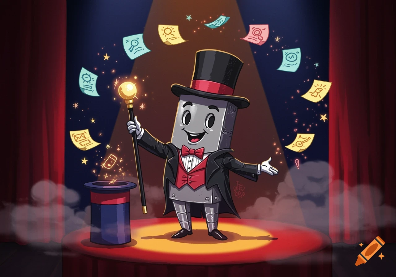 A cartoon character resembling Clippy, dressed as a magician in a top hat and tuxedo, stands on a spotlighted stage, holding a sparkling wand and performing magic with floating papers.